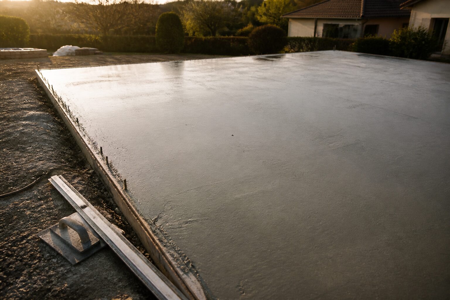 Dosage béton 350 kg avec mélange sable gravier : résultat d'une dalle coulée à plat, surface lisse et homogène