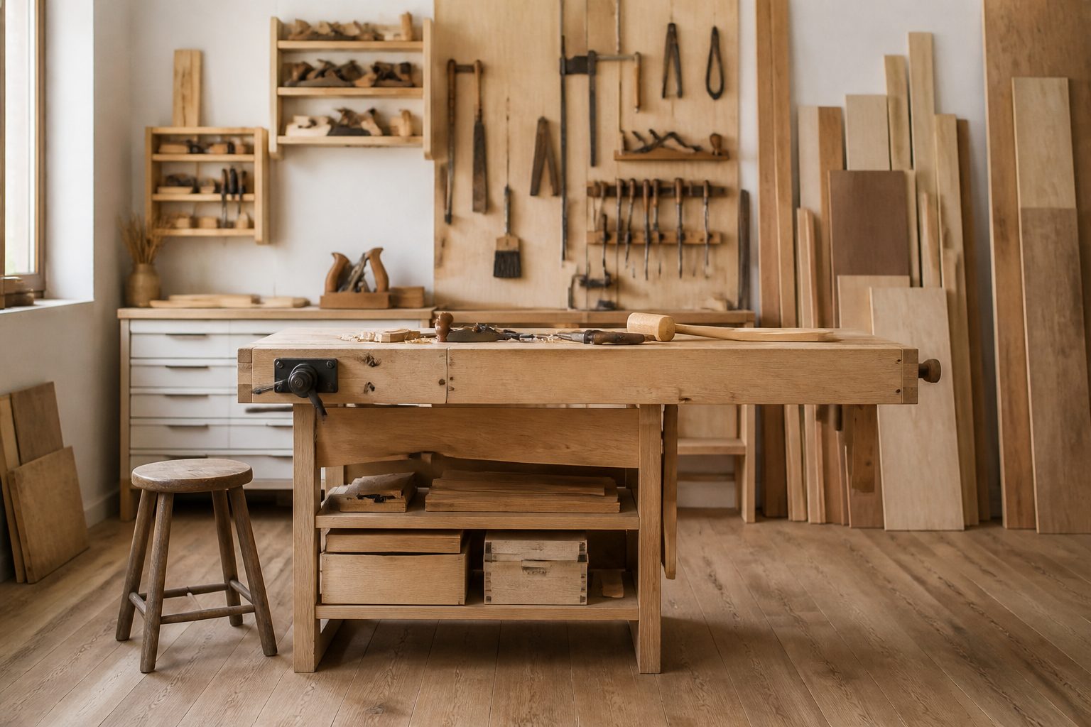 Formation bricolage éligible CPF : atelier de menuiserie avec outils et plan de travail bois, lumière d'atelier douce