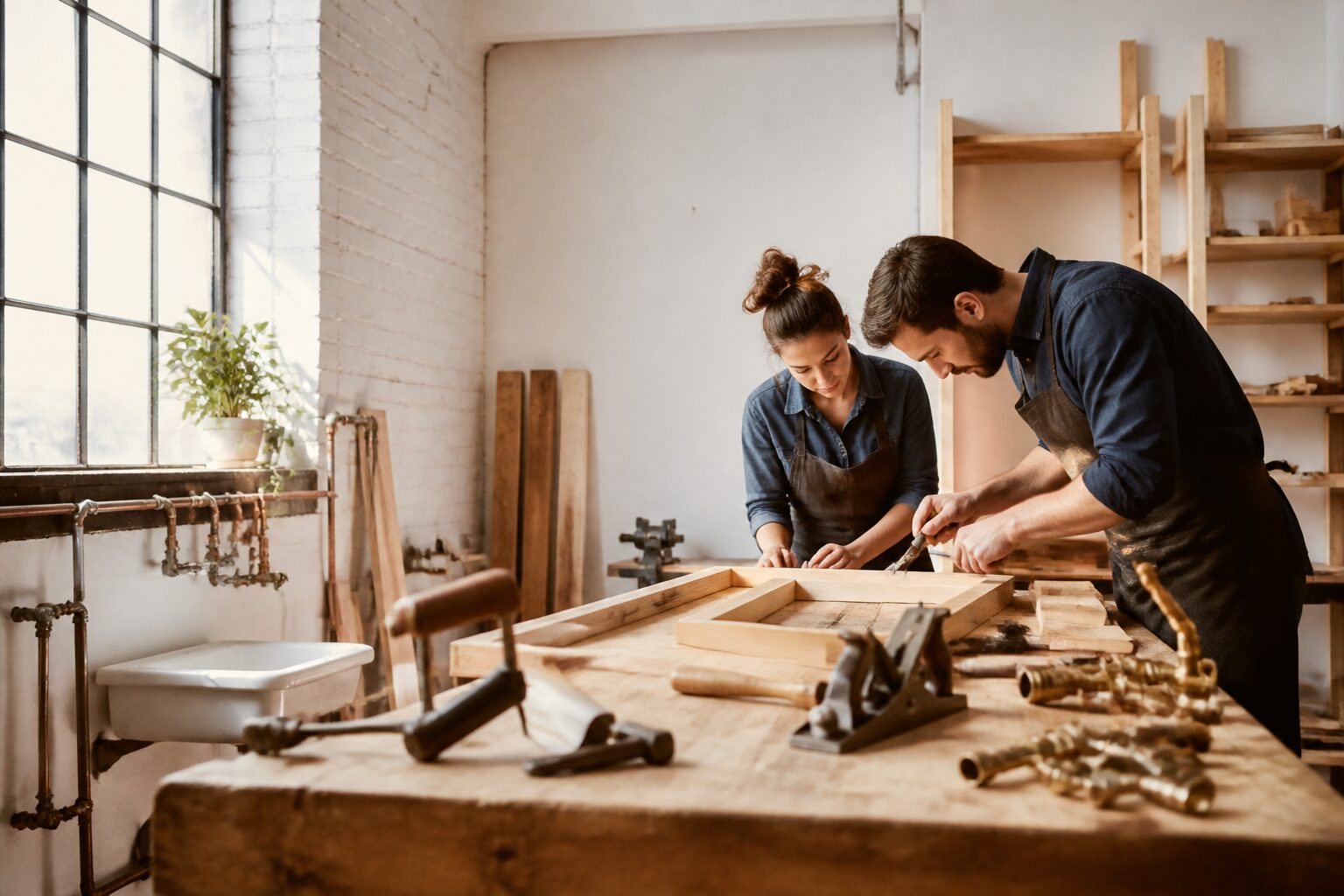 Formation physique bricolageettravaux.fr : atelier pratique en présentiel avec participants sur établi de menuiserie
