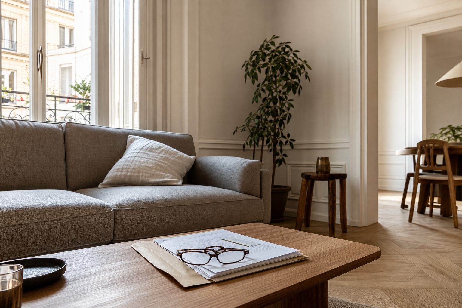 Salon d'un appartement français avec un dossier d'assurance habitation ouvert sur la table basse