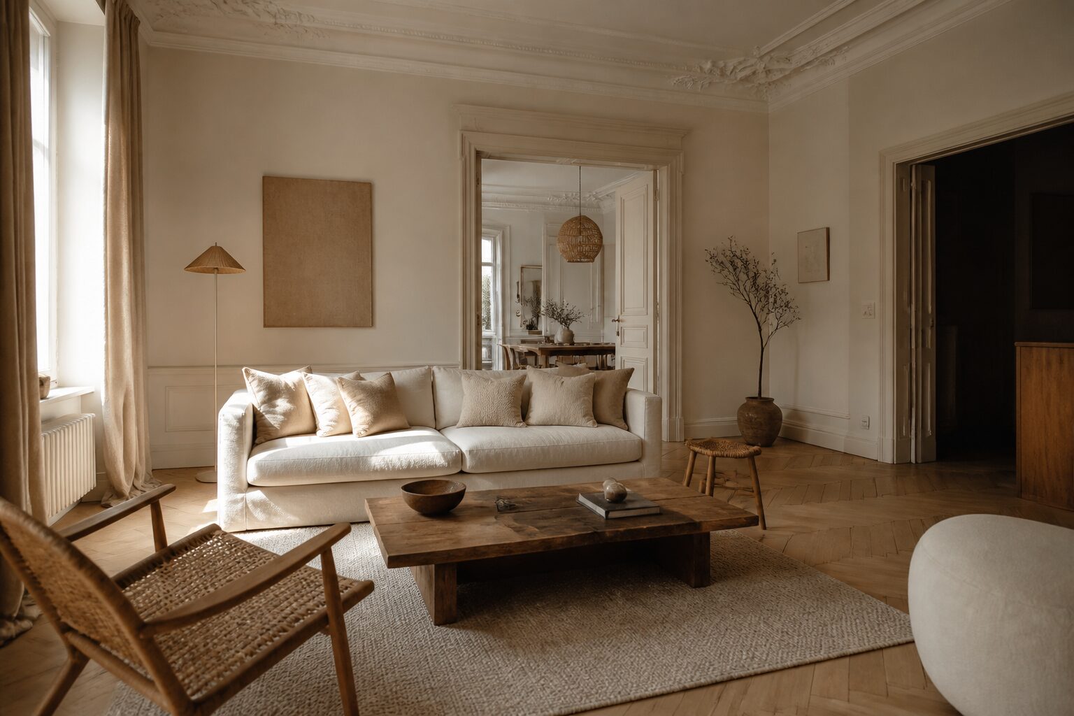 Intérieur rénové d'un appartement haussmannien, parquet point de Hongrie restauré, moulures conservées, lumière naturelle