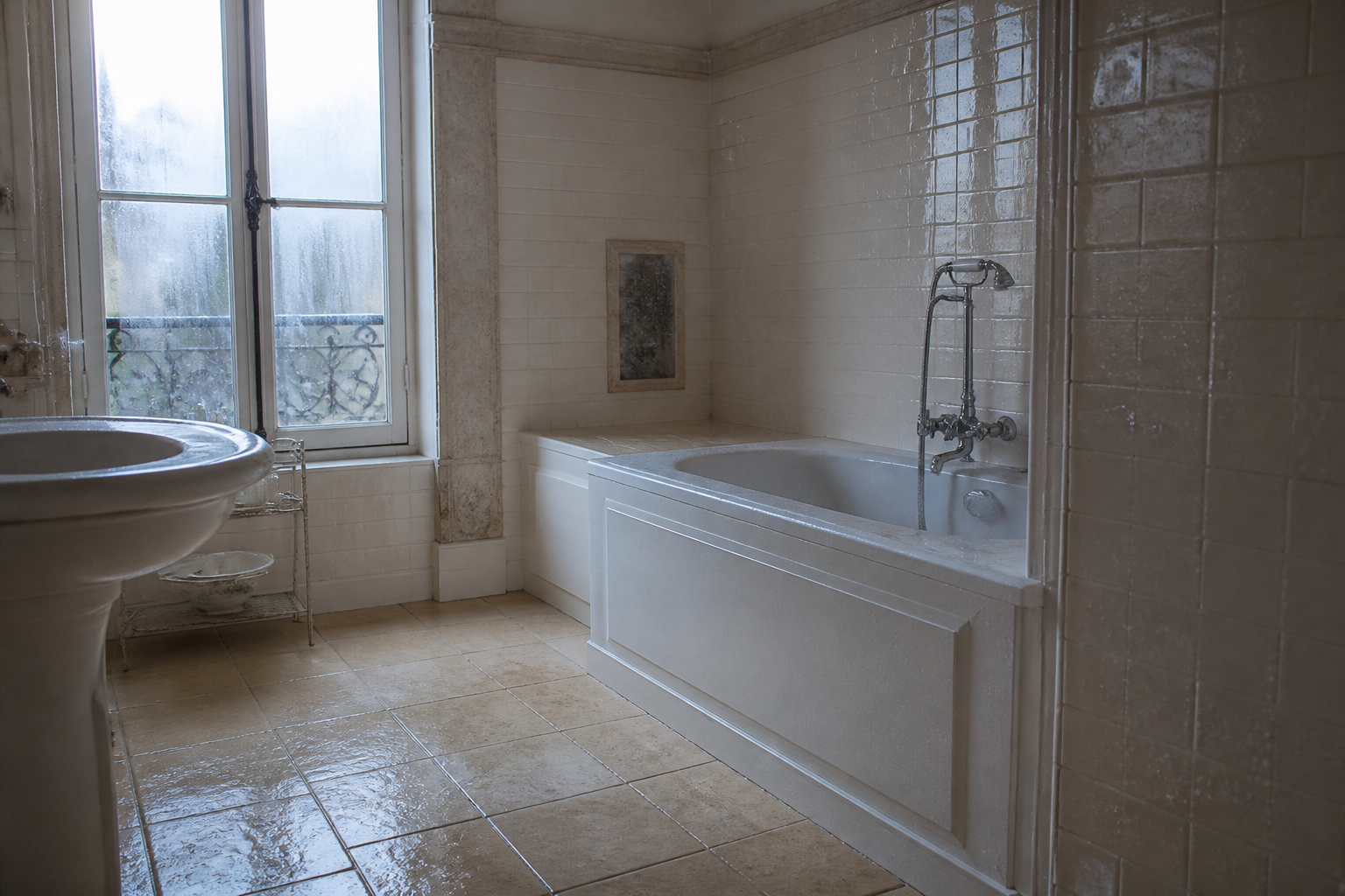 Salle de bain avec condensation sur la fenêtre, humidité typique qui attire les scutigères
