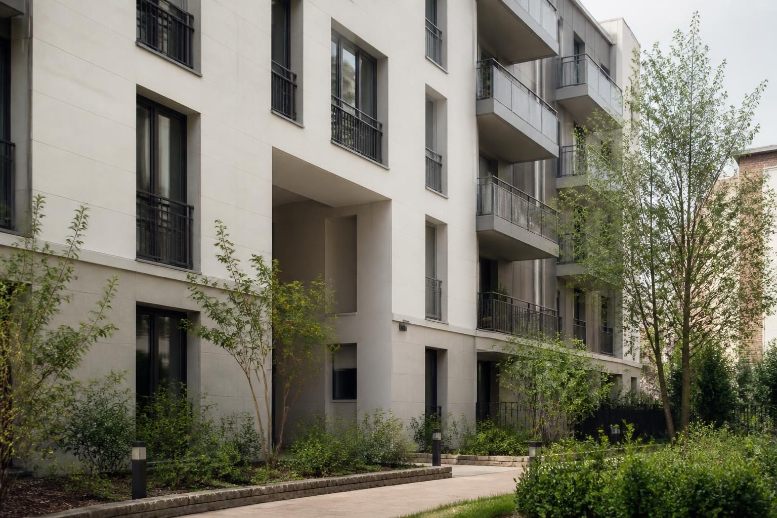 Immeuble résidentiel rénové en cœur de quartier, façade claire et espaces verts en pied d'immeuble