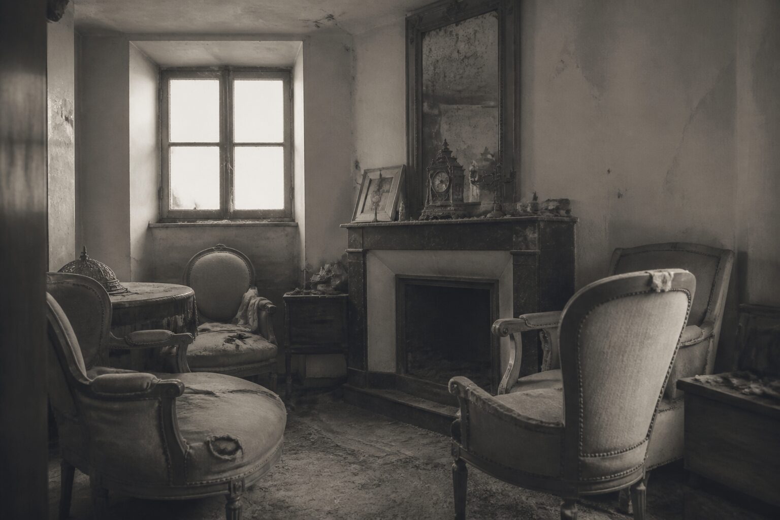 Intérieur d'une maison abandonnée en France avec mobilier laissé en place et lumière naturelle entrant par une fenêtre poussiéreuse