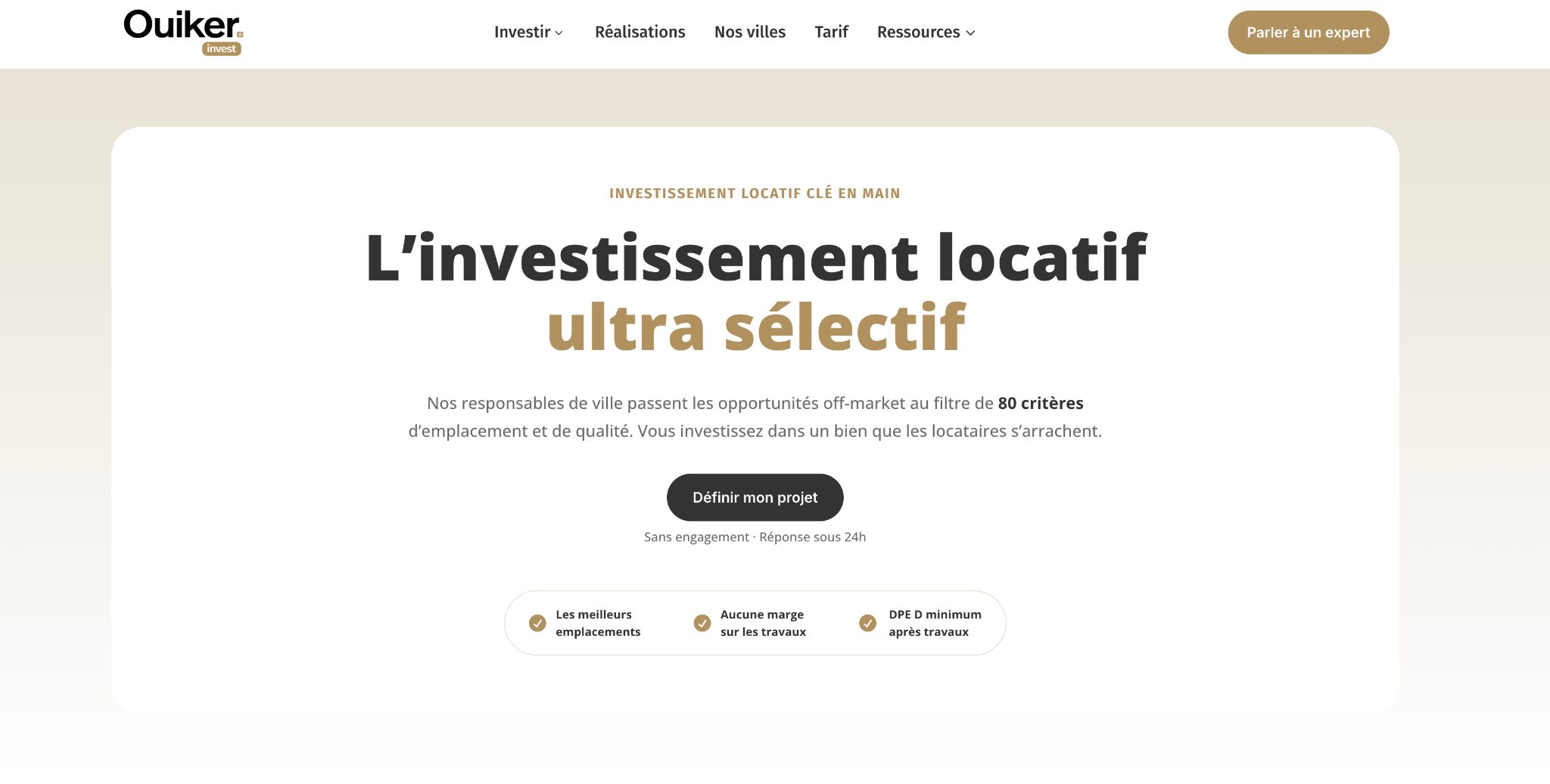 Page d'accueil de Ouiker, investissement locatif clé en main sélectif