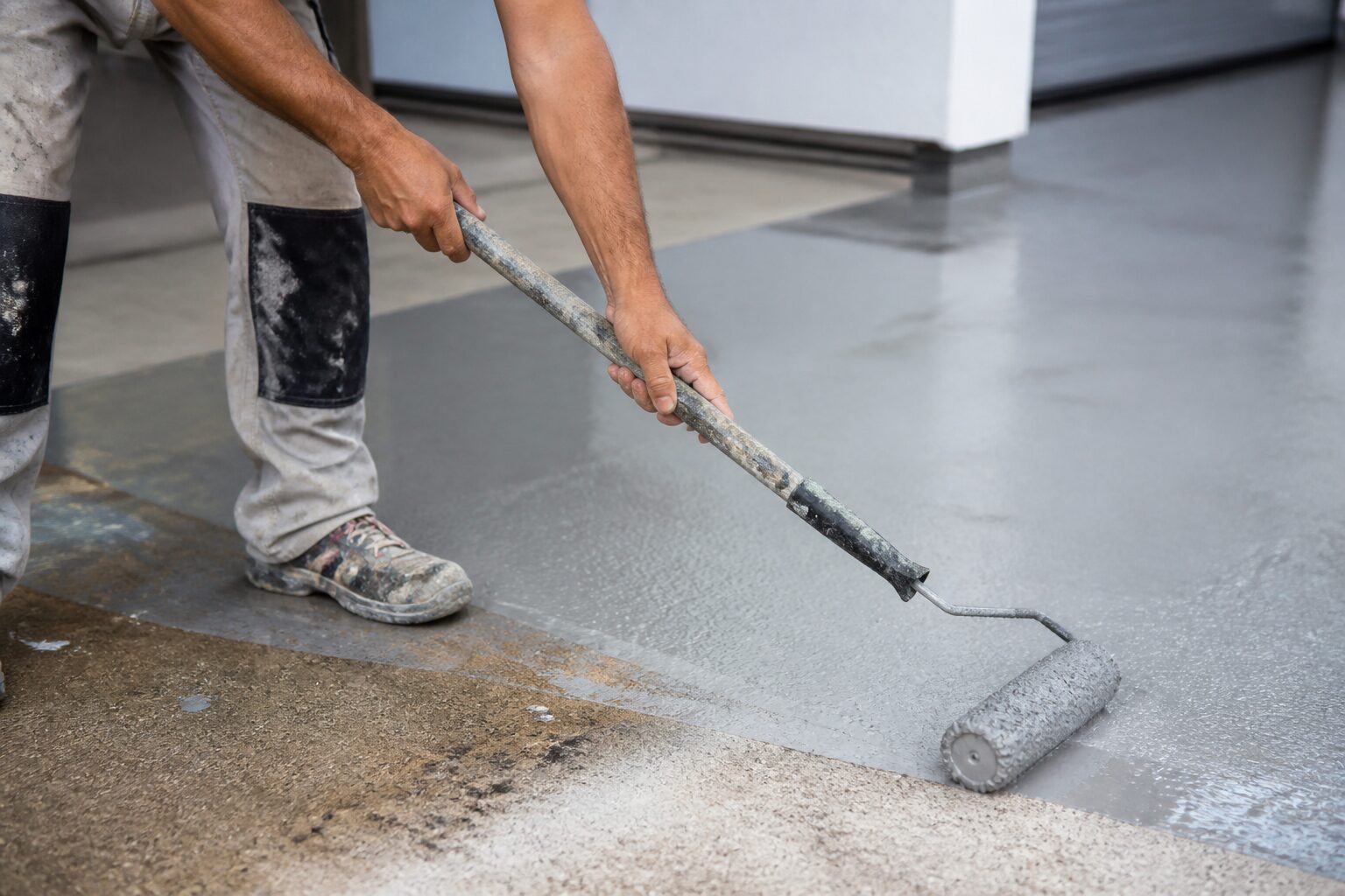 Application de peinture polyuréthane sur dalle béton extérieure au rouleau à poils longs, gestes croisés, lumière naturelle de chantier