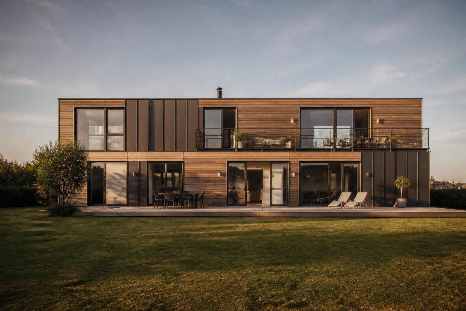 Plan maison container 120m2 en vue 3D, grande maison familiale avec 6 containers et toit plat, extérieur bois et acier