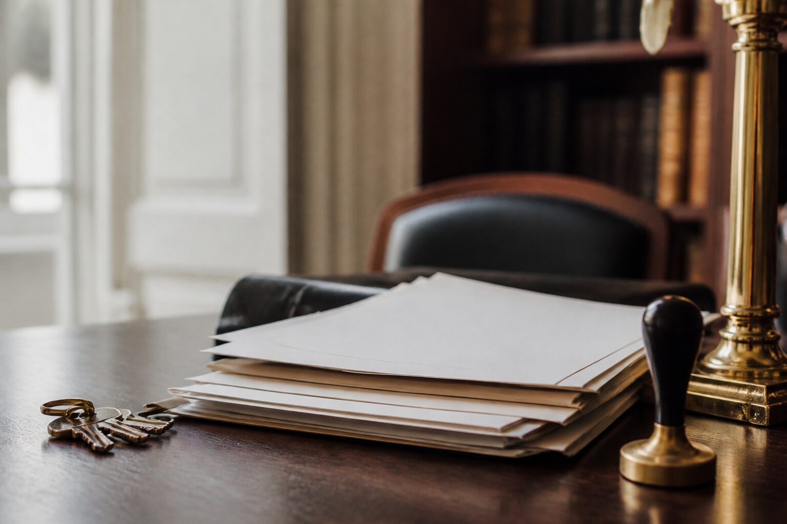 Clés de maison et documents officiels sur bureau de notaire, procédure d'acquisition d'une maison abandonnée