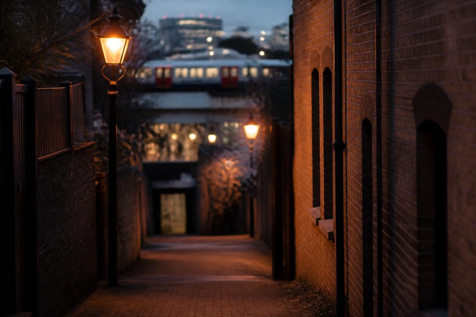 Ruelle éclairée d'un quartier populaire du sud de Londres le soir