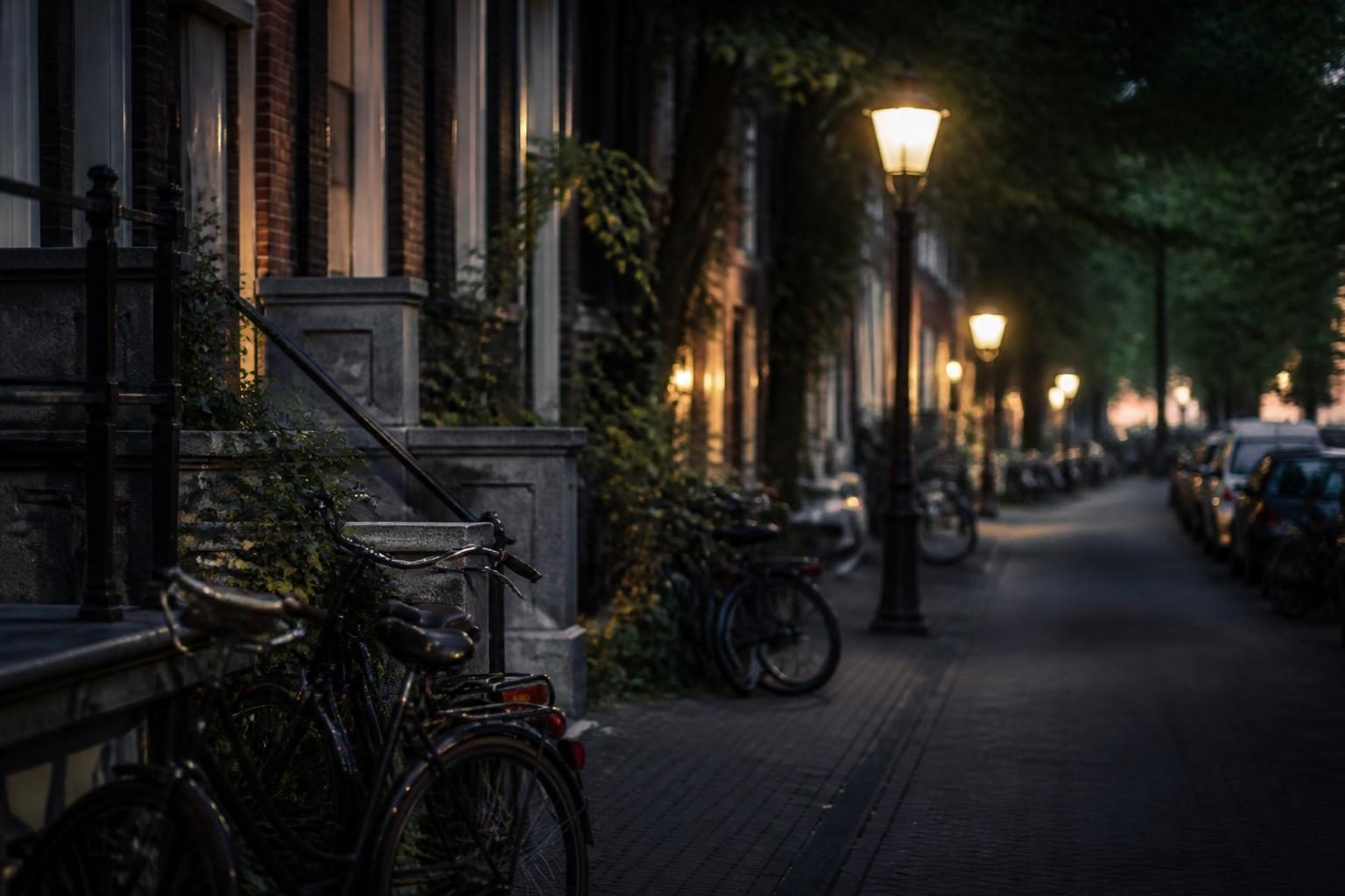 Rue résidentielle calme dans un quartier d'Amsterdam en soirée