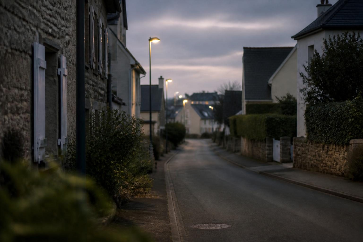 Ruelle éclairée d'un quartier résidentiel de Saint-Malo le soir
