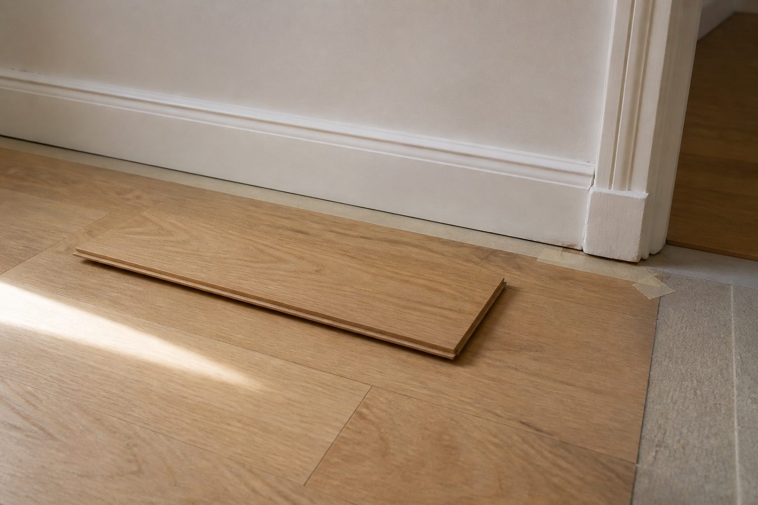 Lame de parquet chene clair posee au sol devant une plinthe fraichement peinte