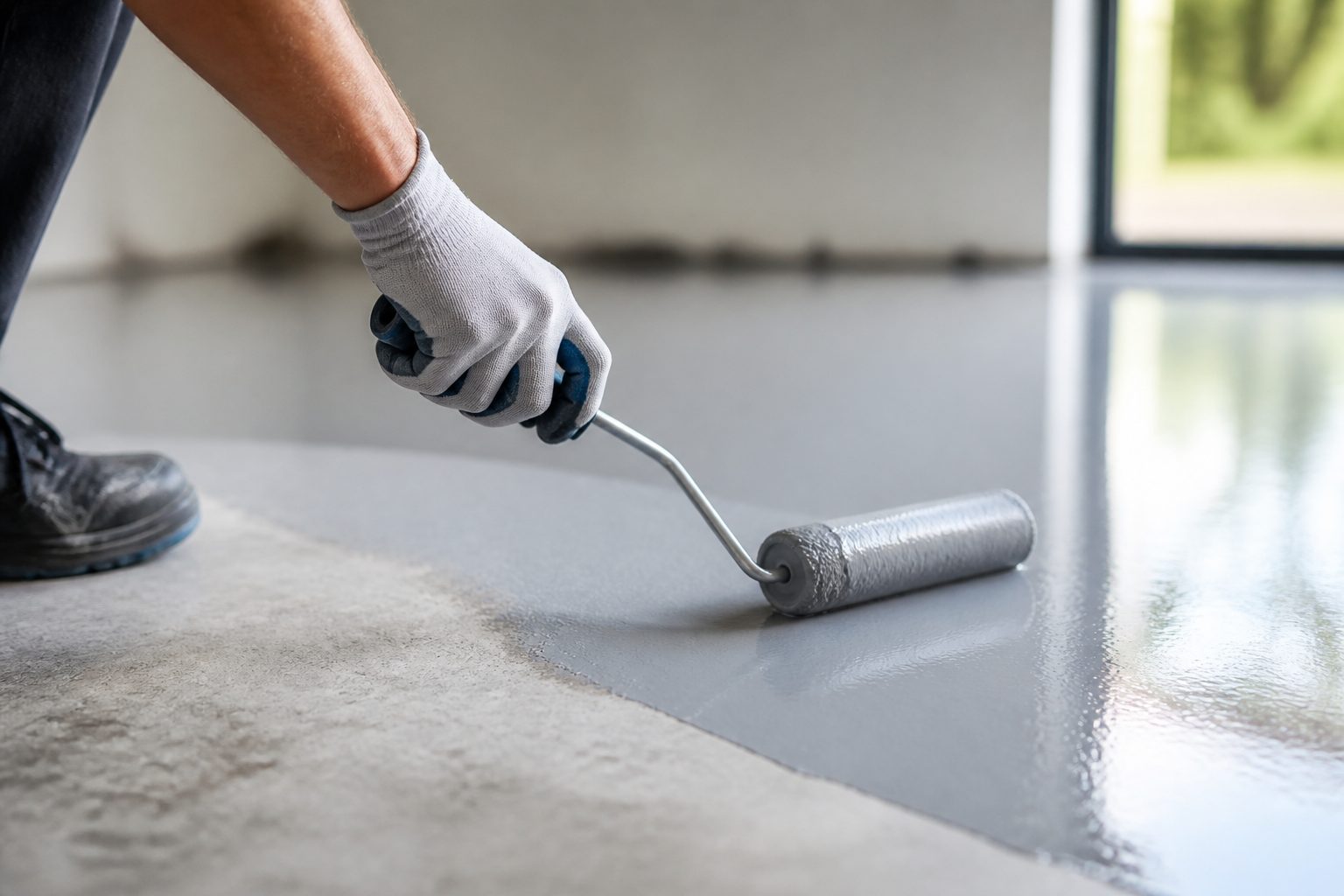 Sol garage en résine époxy gris clair appliqué sur dalle béton, finition lisse