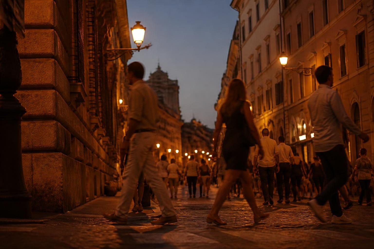 Rue romaine animée en fin de journée avec passants et façades anciennes