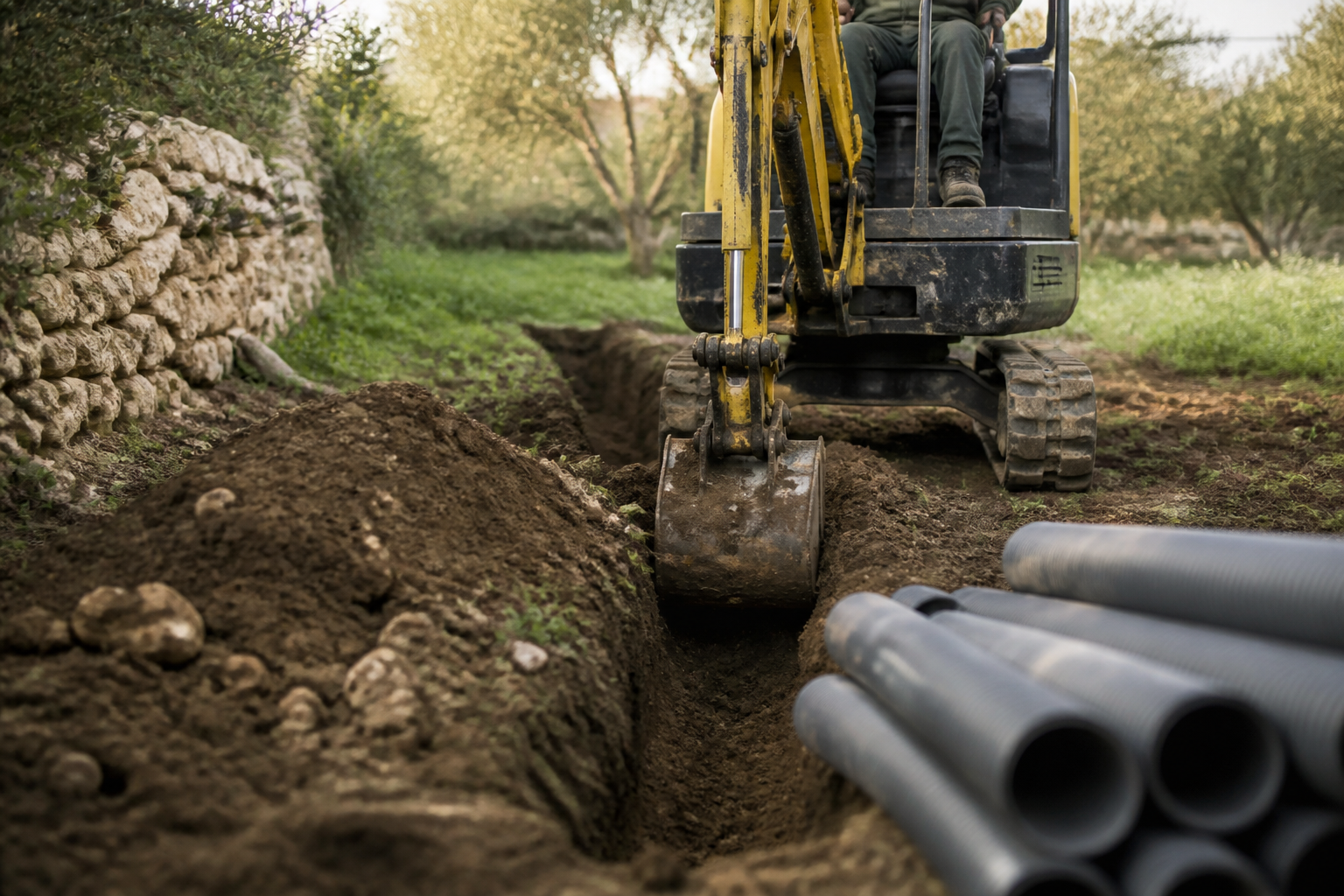 Chantier de terrassement pour l'installation d'une fosse toutes eaux