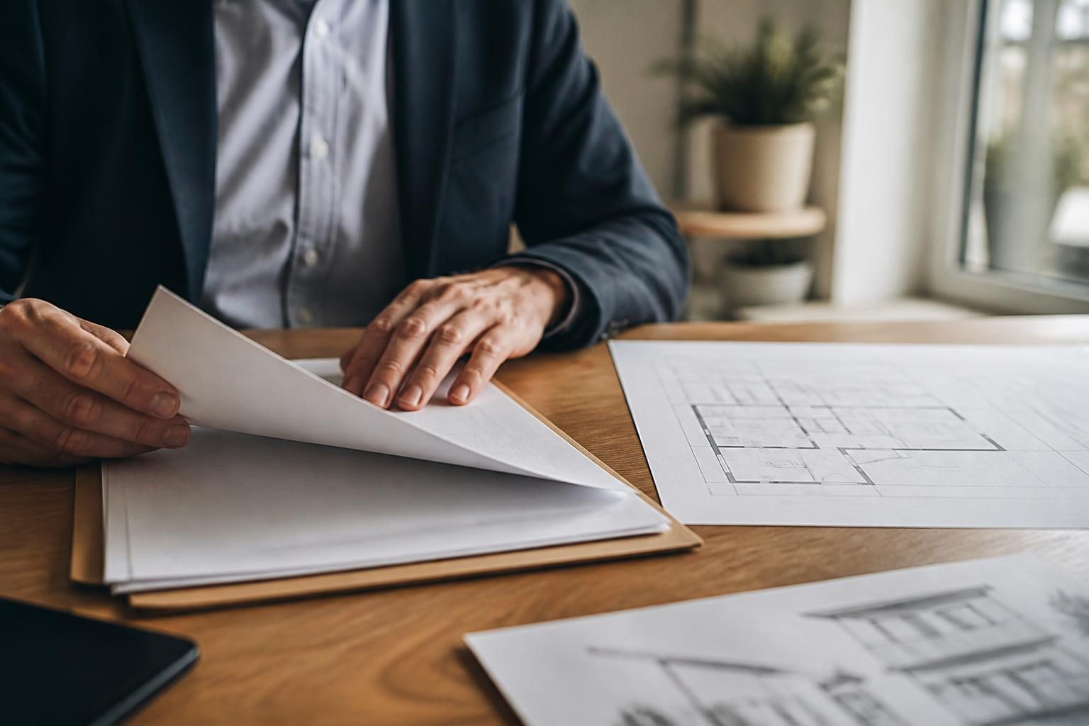 Investisseur consultant un dossier de financement et un plan de logement neuf Pinel