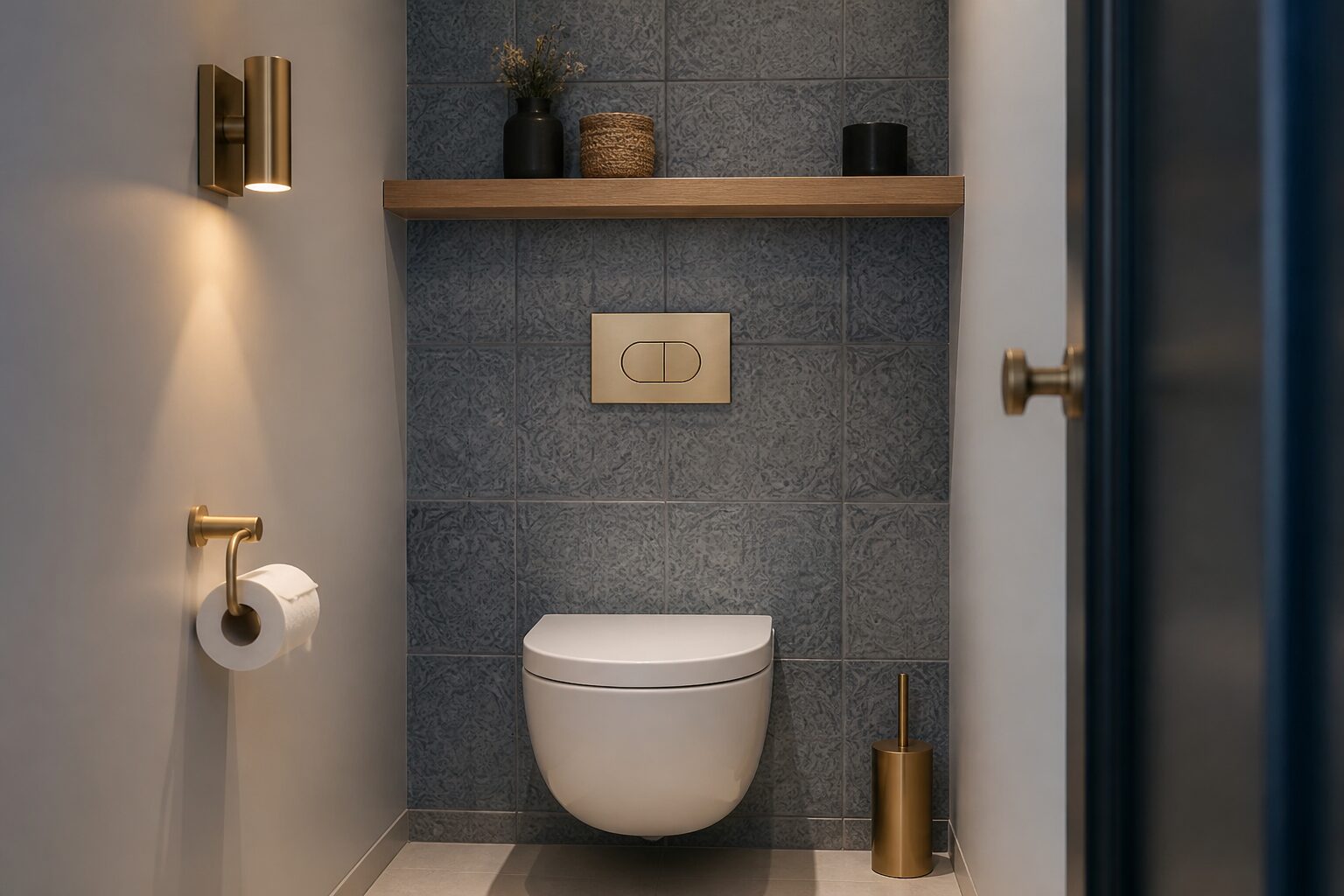 WC suspendu dans de petites toilettes modernes avec étagère murale et revêtement en carreaux de ciment gris-bleu