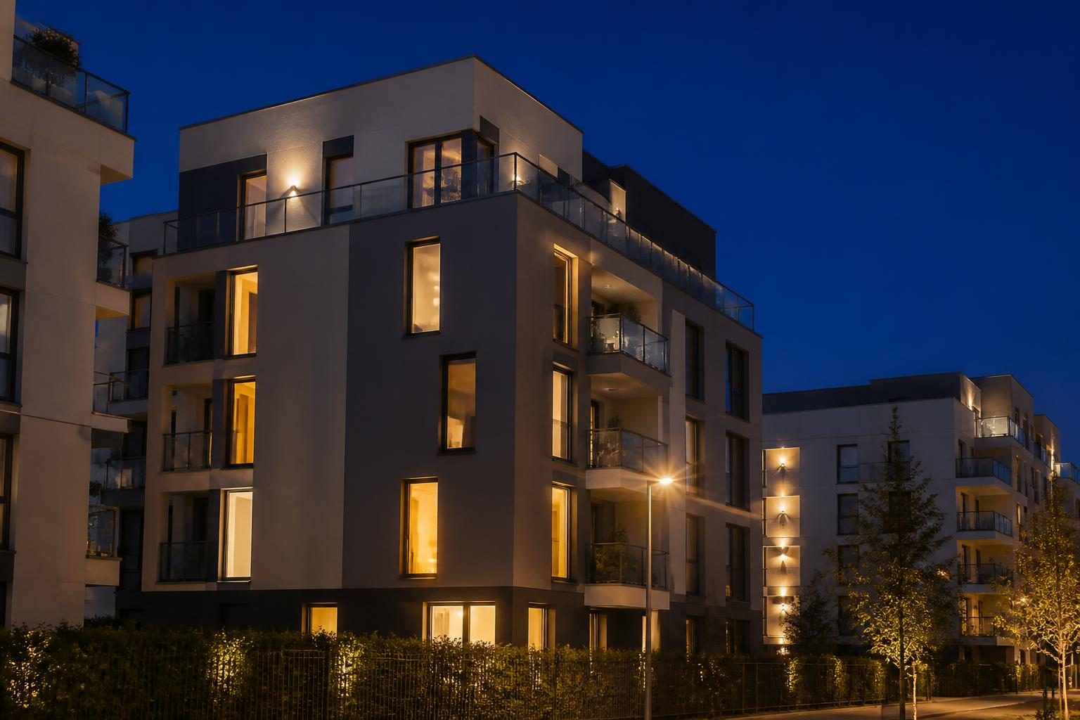 Façade d'immeuble récent en soirée à Montigny-le-Bretonneux