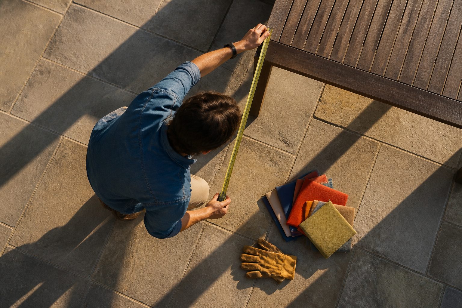 mètre ruban déroulé et échantillons de toile acrylique sur une terrasse en pierre