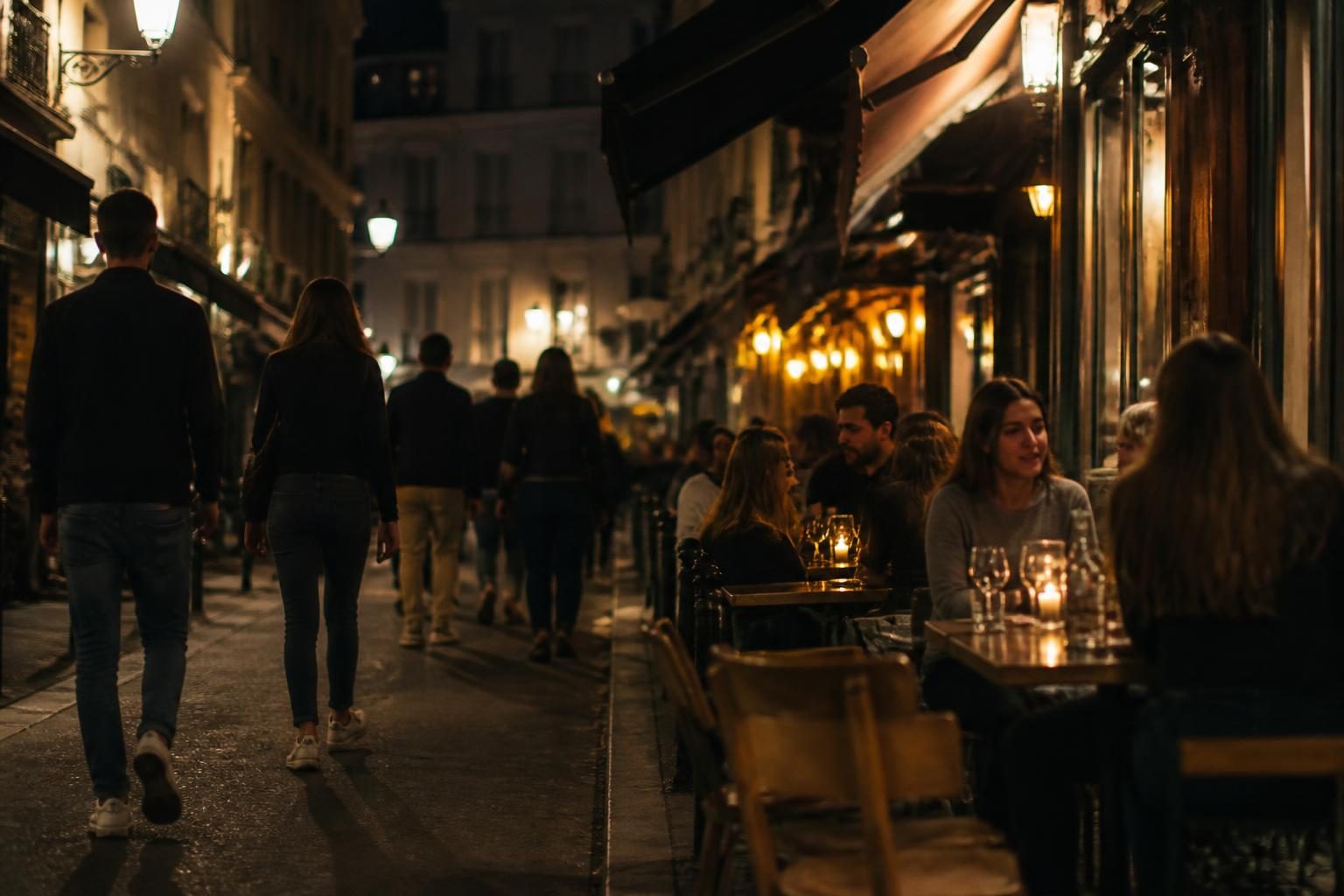 Rue animée du quartier de La Barre à Anglet en soirée