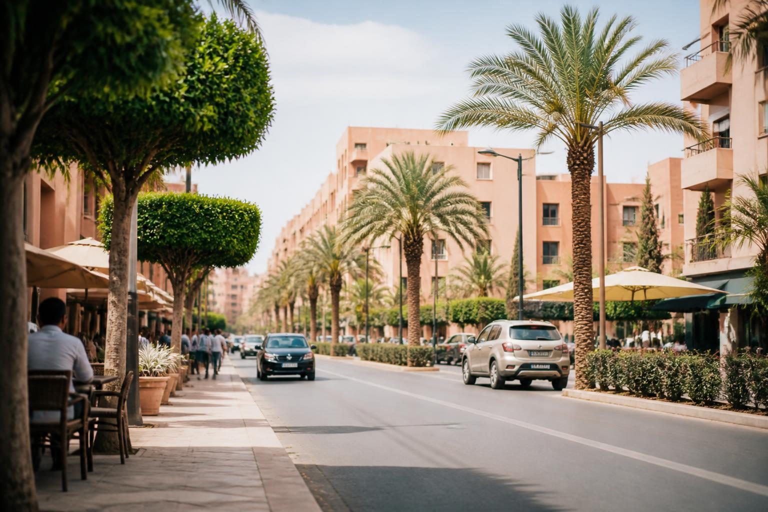 Avenue animée du quartier Guéliz à Marrakech en journée