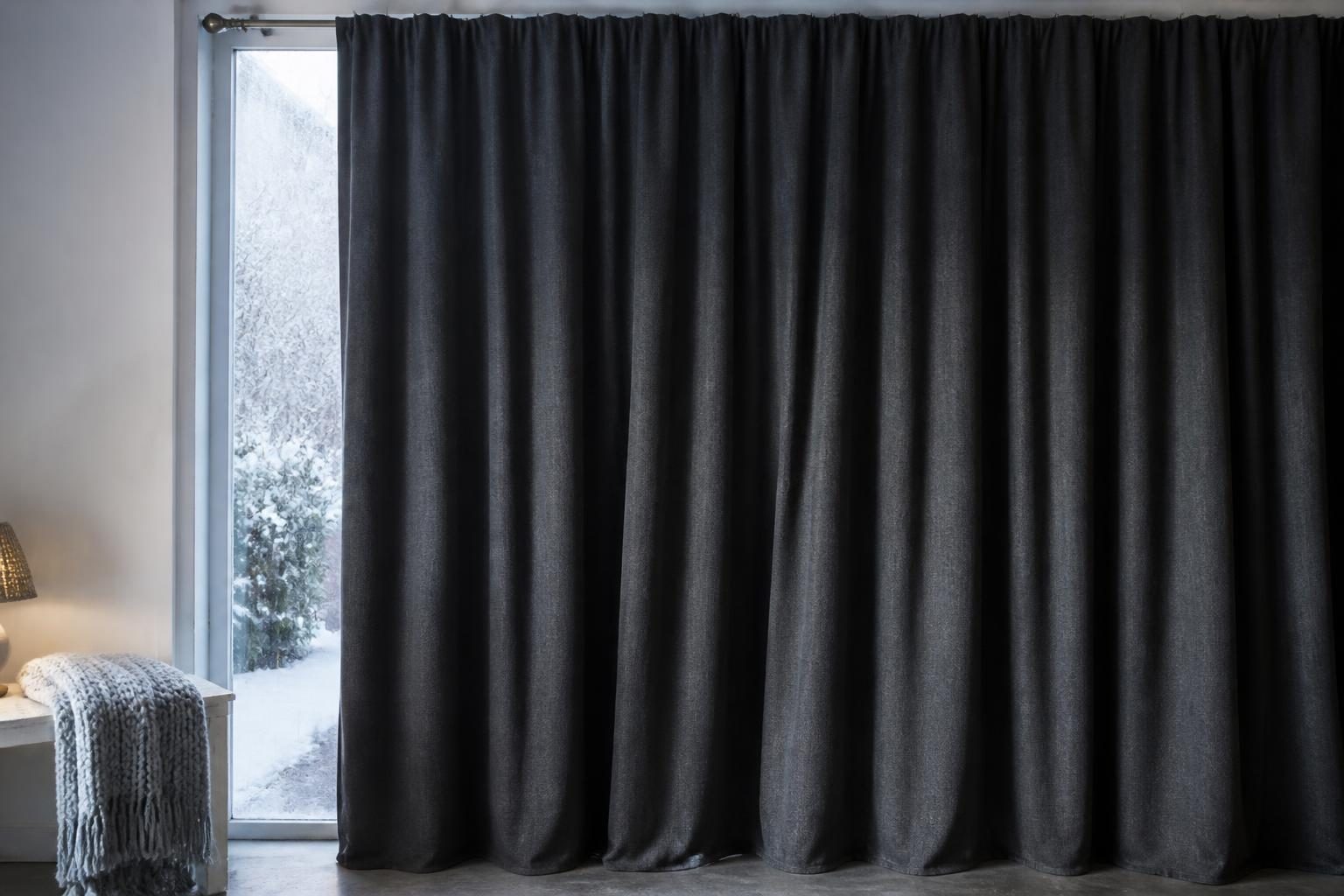 Rideau thermique gris anthracite fermé devant une porte-fenêtre givrée
