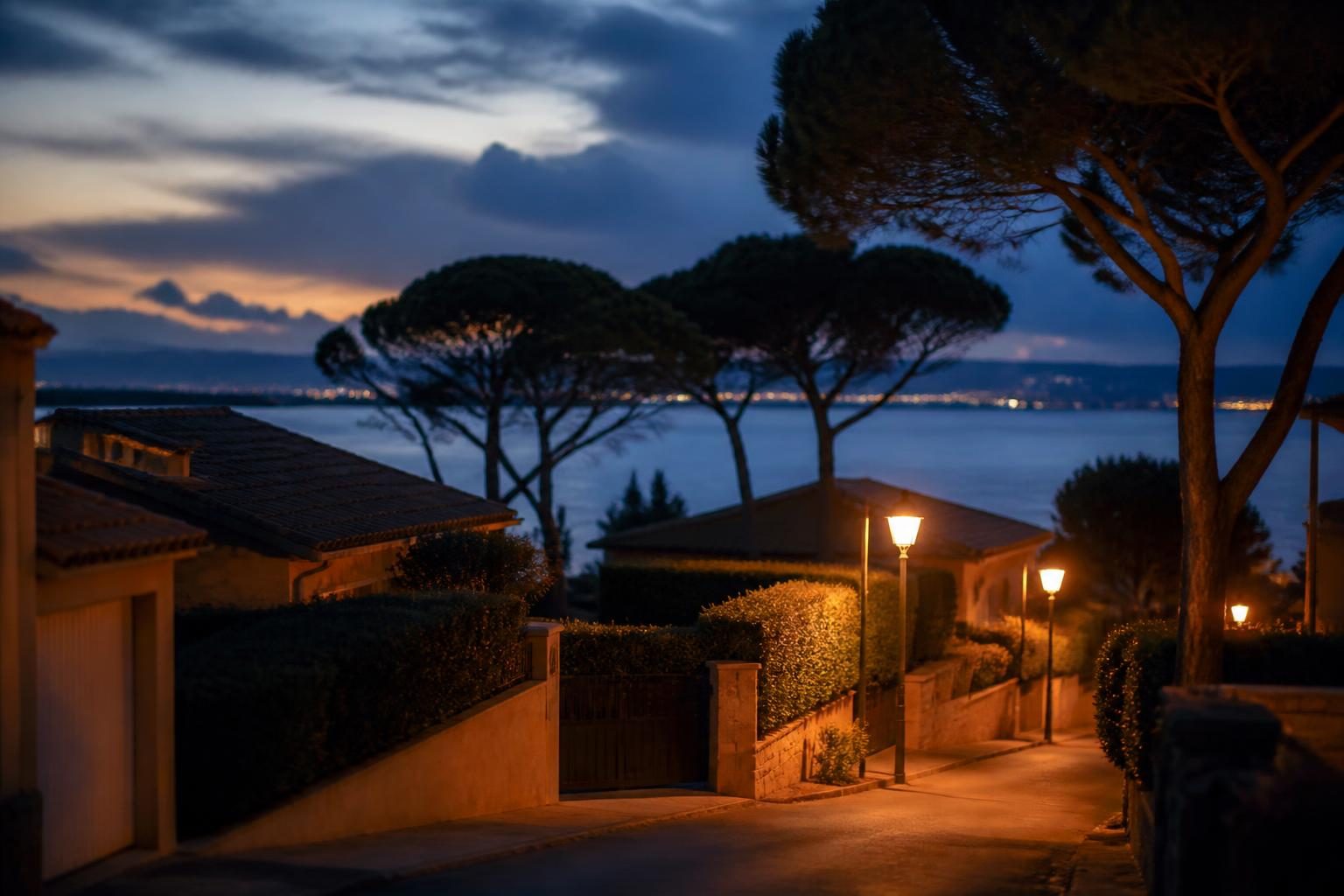 Rue calme du bord de mer à Fréjus en soirée