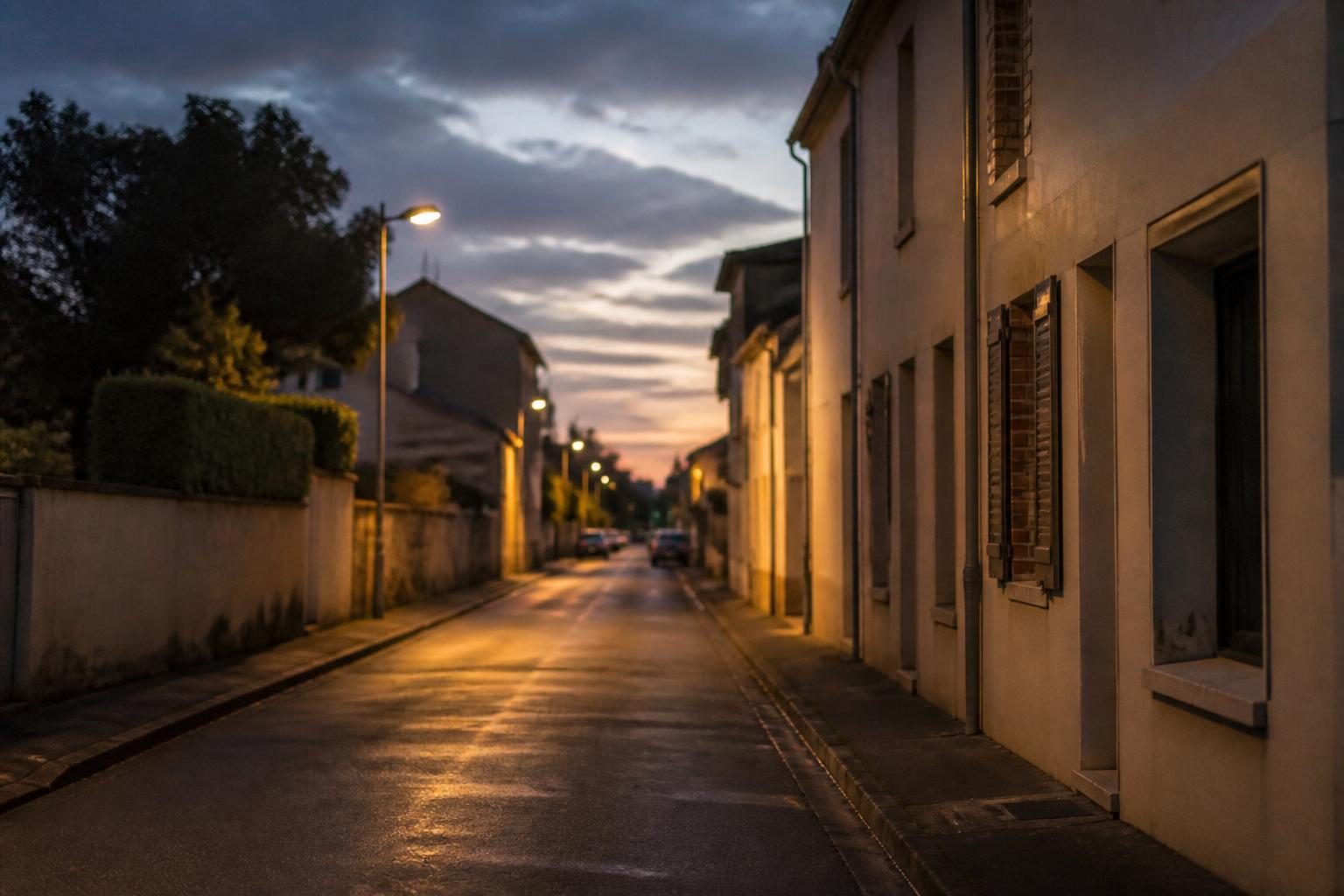 Rue calme d'un quartier résidentiel de La Rochelle en fin de journée
