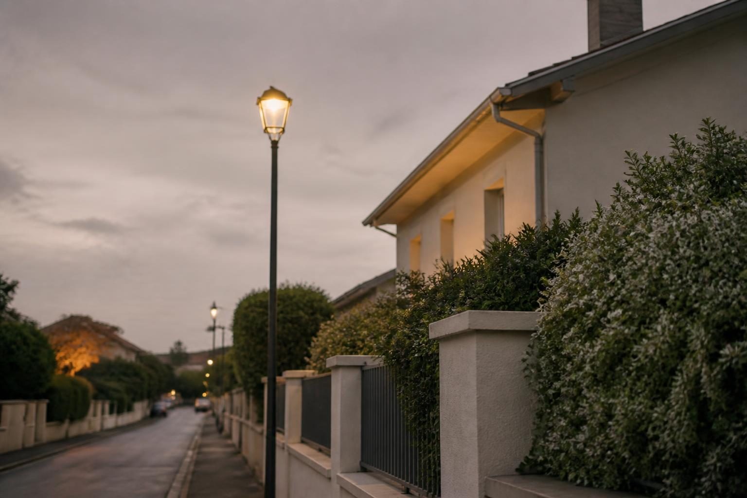 Rue résidentielle calme en périphérie d'Auch en fin de journée