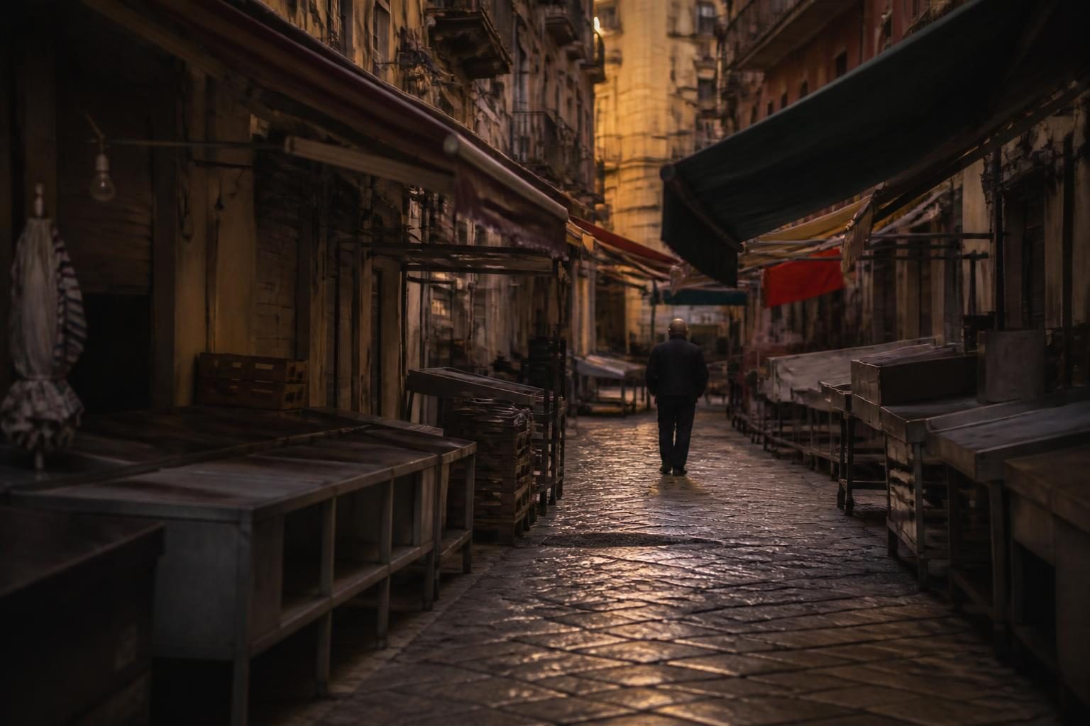 Ruelle animée d'un quartier populaire de Palerme en fin de journée