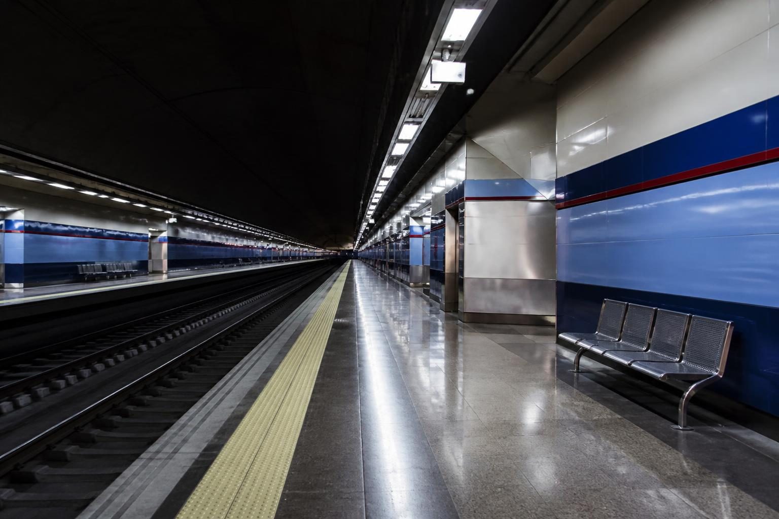 Station de métro madrilène éclairée en soirée