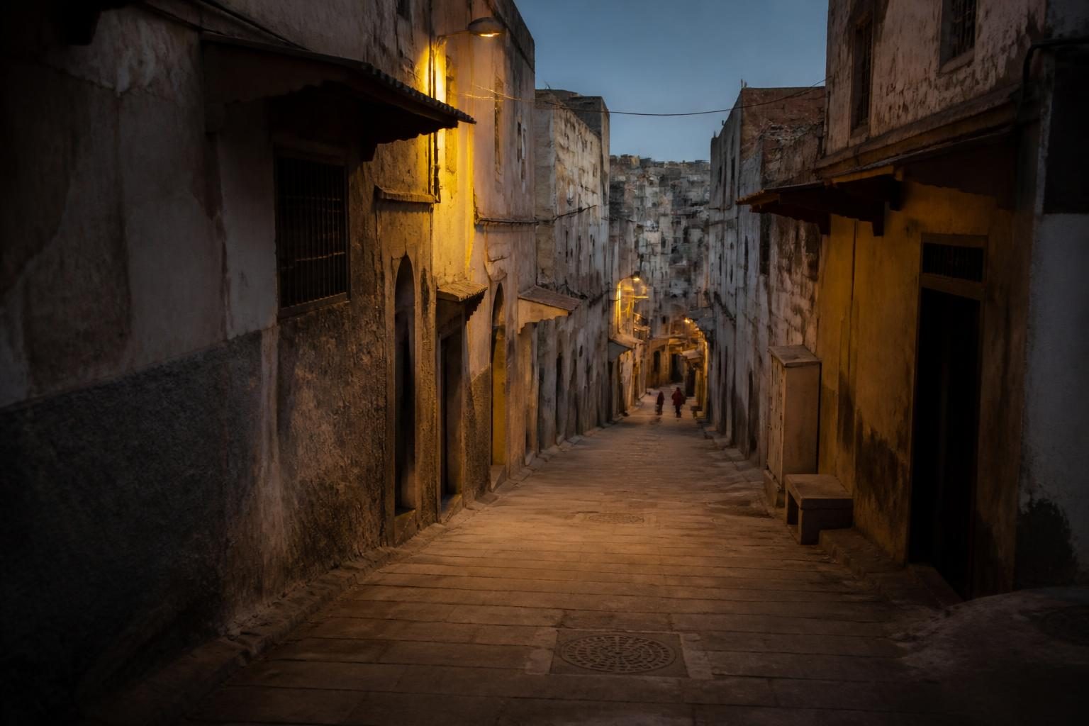 Ruelle résidentielle de Fès en soirée