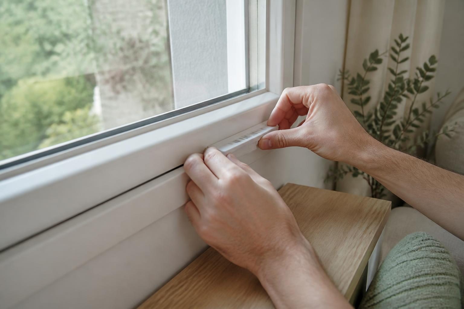 Aérateur invisible glissé dans le joint d'une fenêtre PVC
