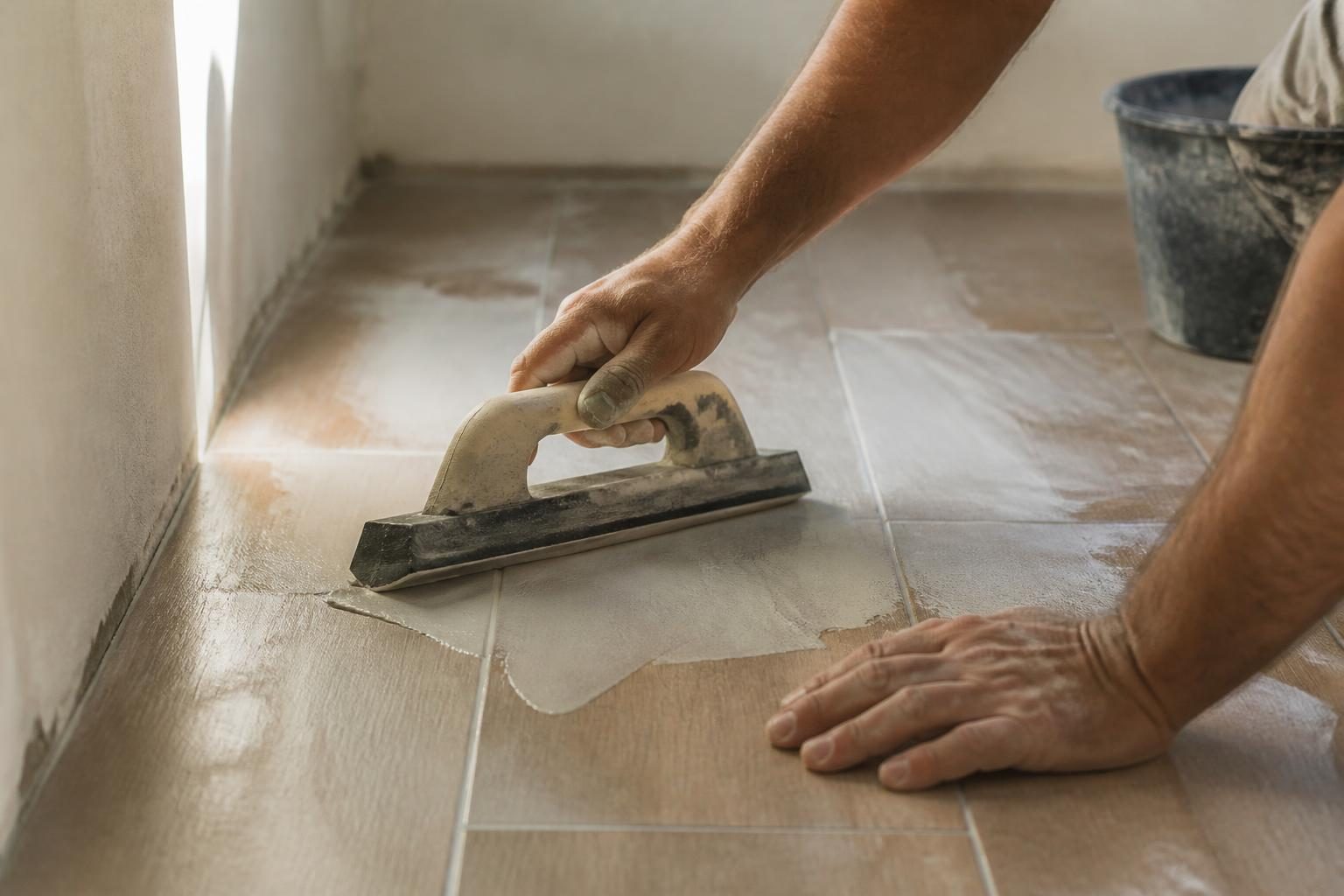 Carreleur appliquant un joint de carrelage flexible à la spatule