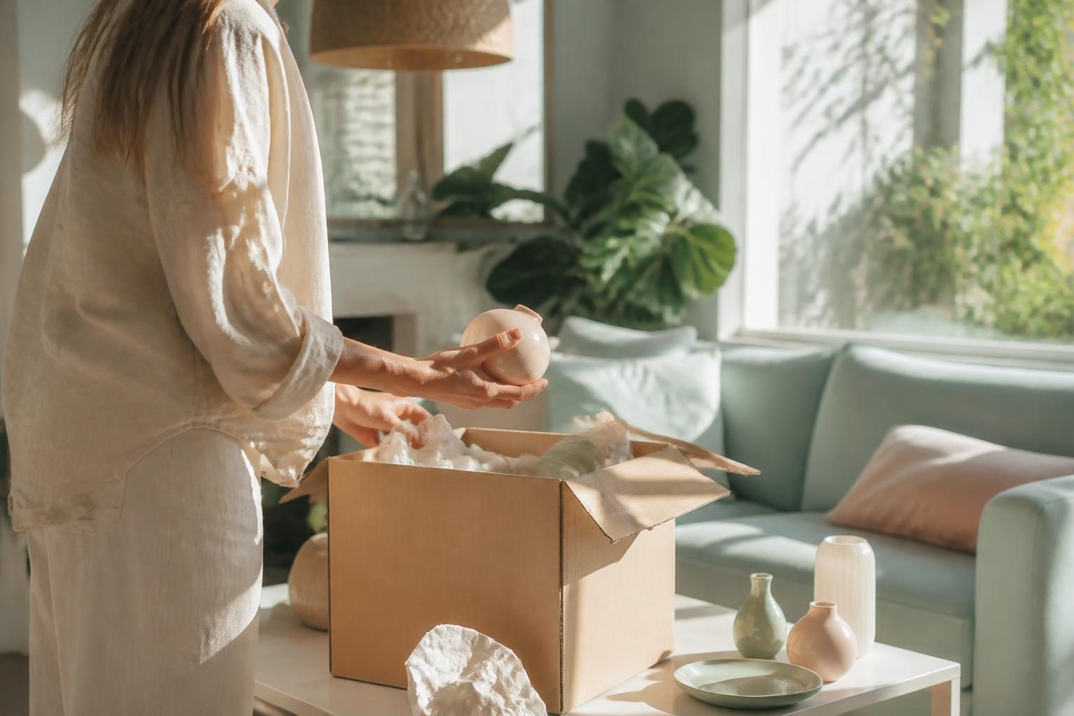 Salarié déballant ses achats déco grâce à l'avantage salarié Maisons du Monde
