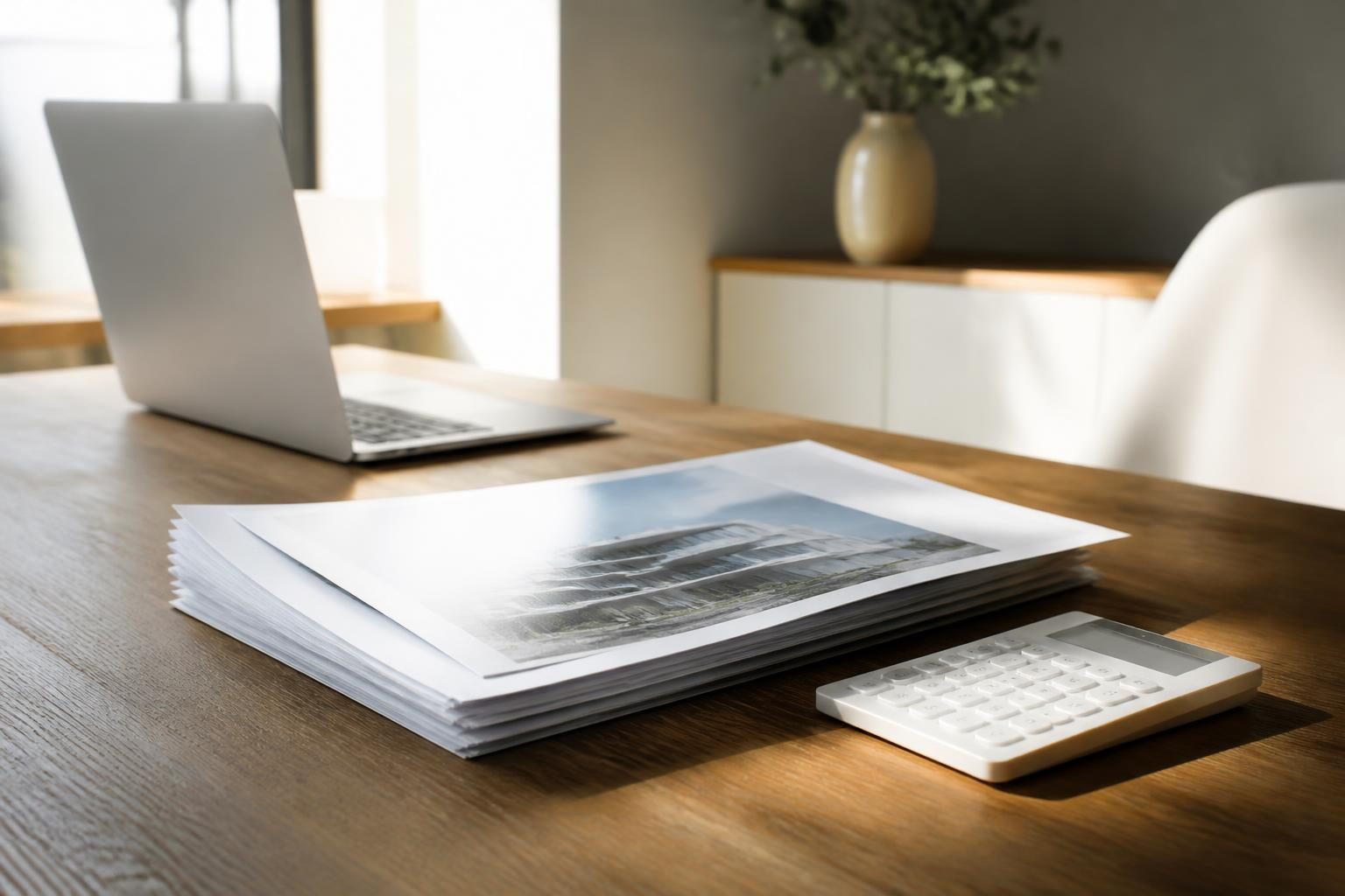 Dossier immobilier et calculatrice posés sur une table, consultation d'un article financier
