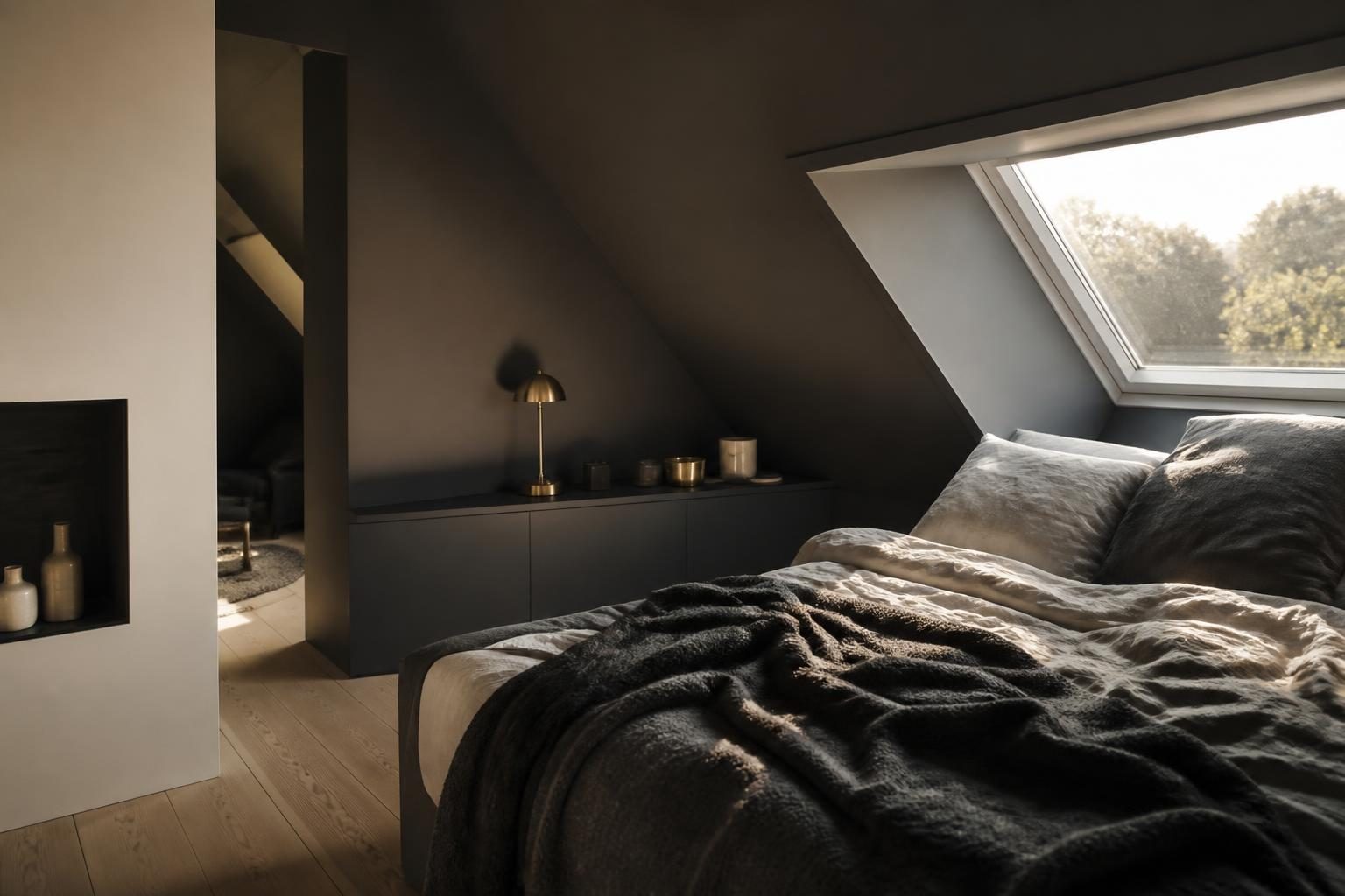 Chambre sous toiture avec rampant rénové et fenêtre de toit pour des combles perdus transformés