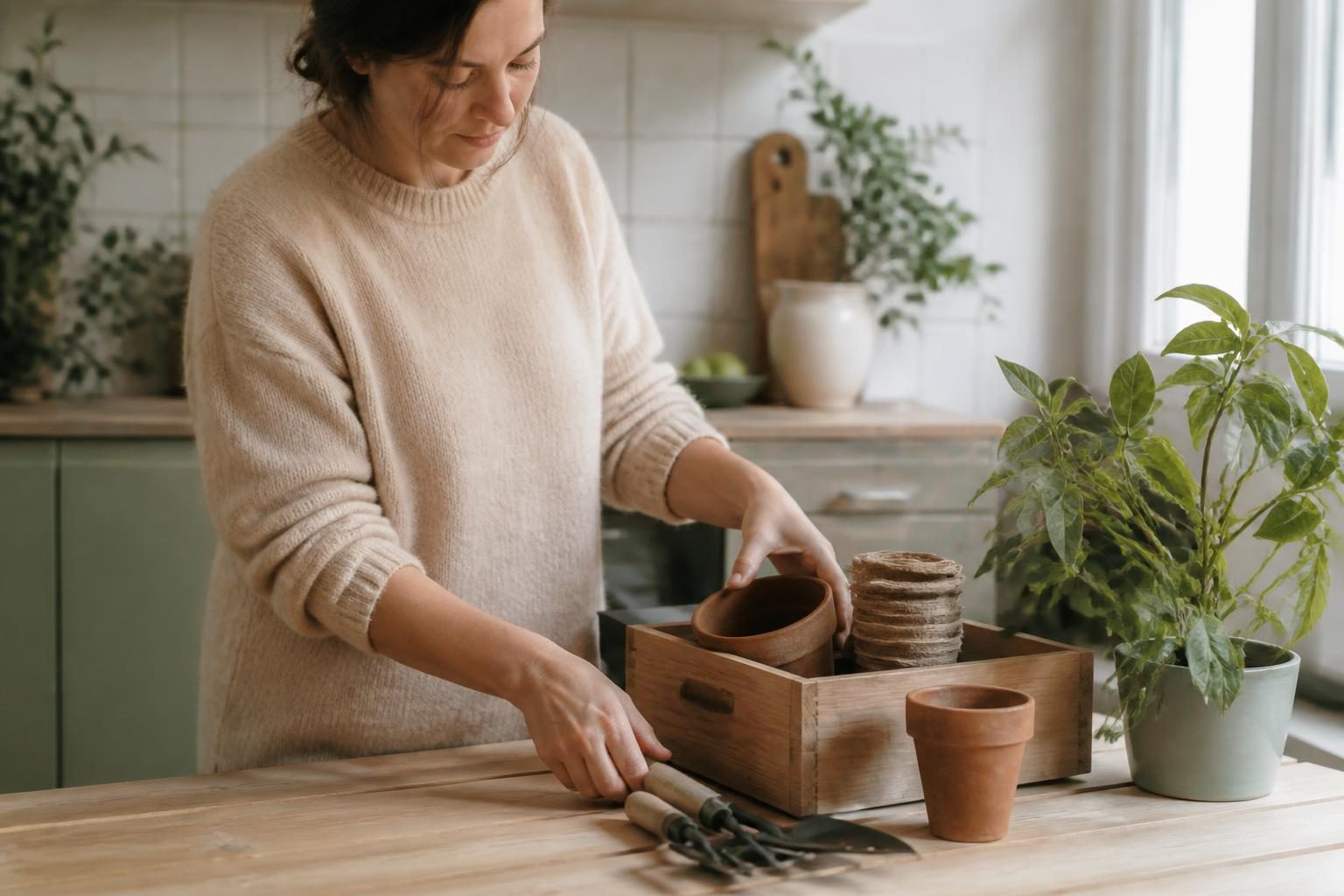 Femme rangeant des pots en terre cuite et outils de jardinage dans une cuisine lumineuse
