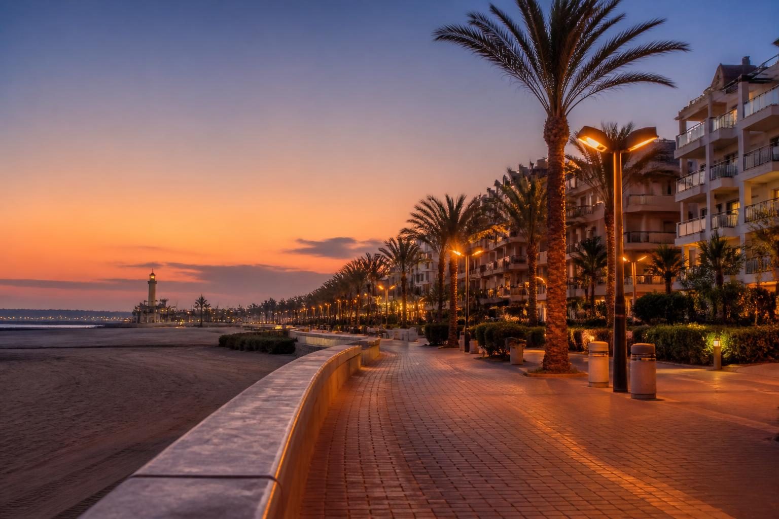 Front de mer d'Agadir au coucher du soleil