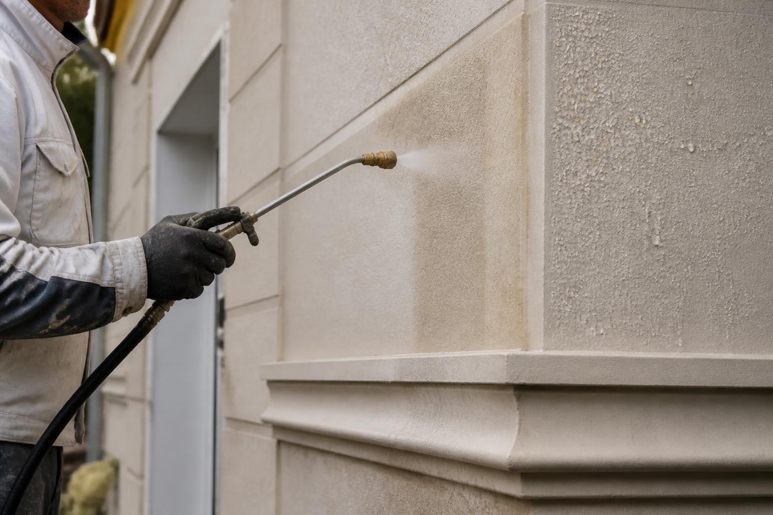 Artisan appliquant un hydrofuge de façade sur un mur extérieur rénové