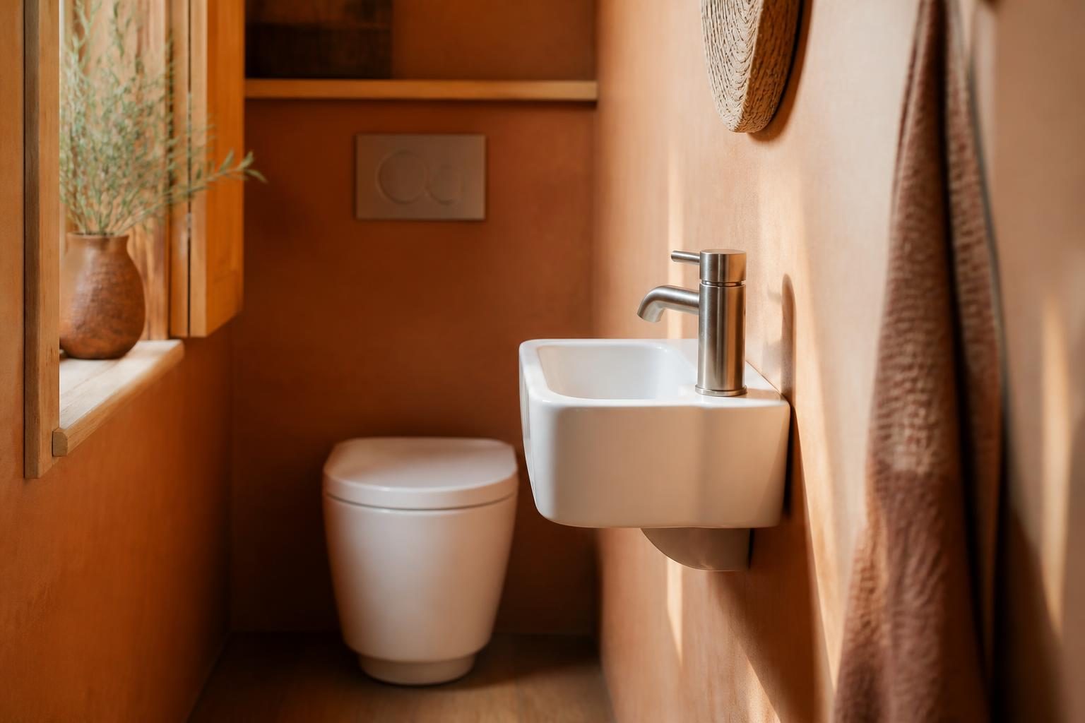 Petit lave-main suspendu en céramique dans des toilettes compactes