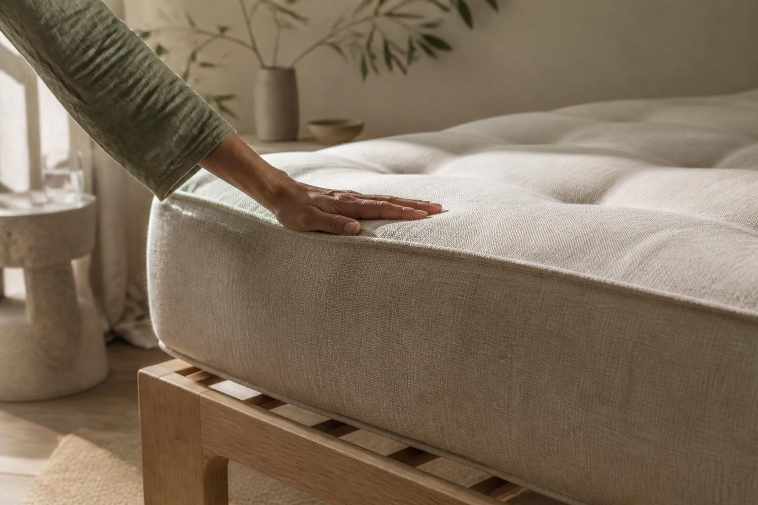 Main testant la fermeté d'un matelas une place posé sur un sommier à lattes