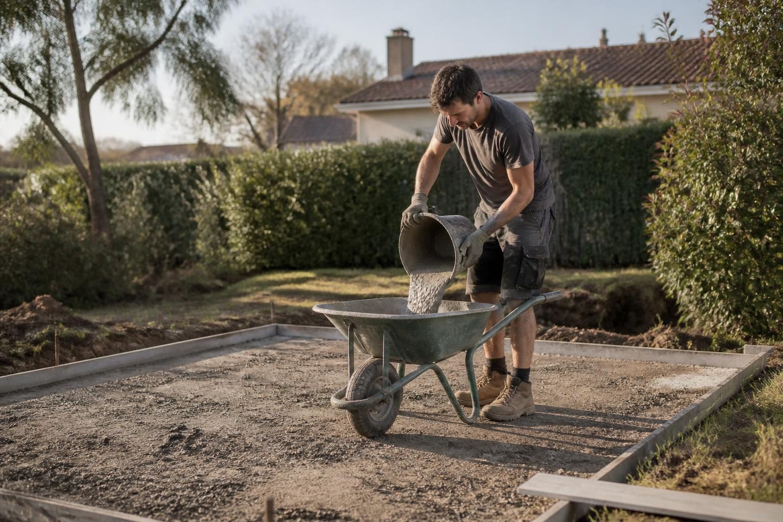 Mélange de béton au seau versé dans une brouette sur un chantier