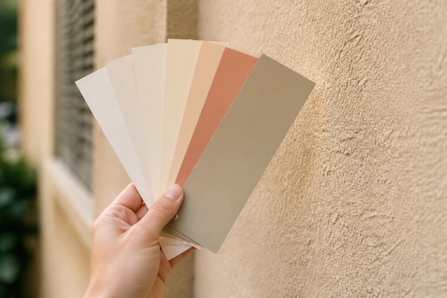 Nuancier peinture façade tenu contre un mur crépi couleur sable