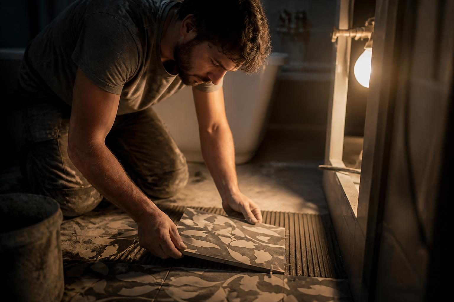 Pose de carreaux de ciment au sol d'une salle de bain en rénovation