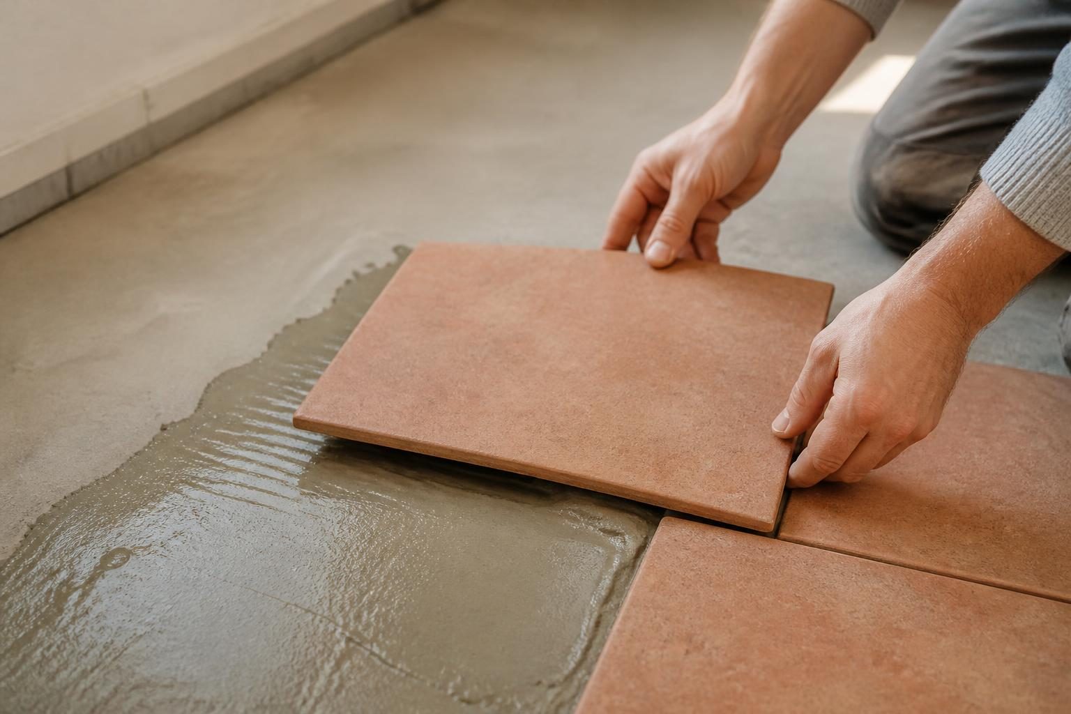 Application de barbotine ciment avant pose de carrelage sur une dalle