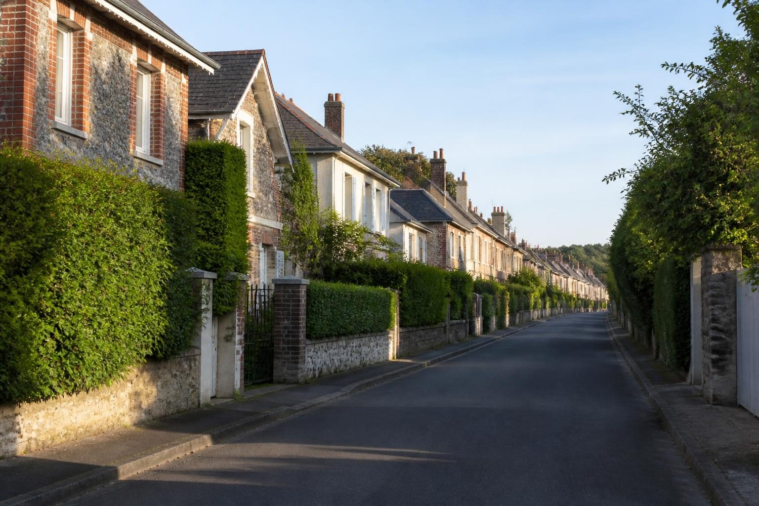 Rue résidentielle calme à Vernon, façades normandes et éclairage naturel