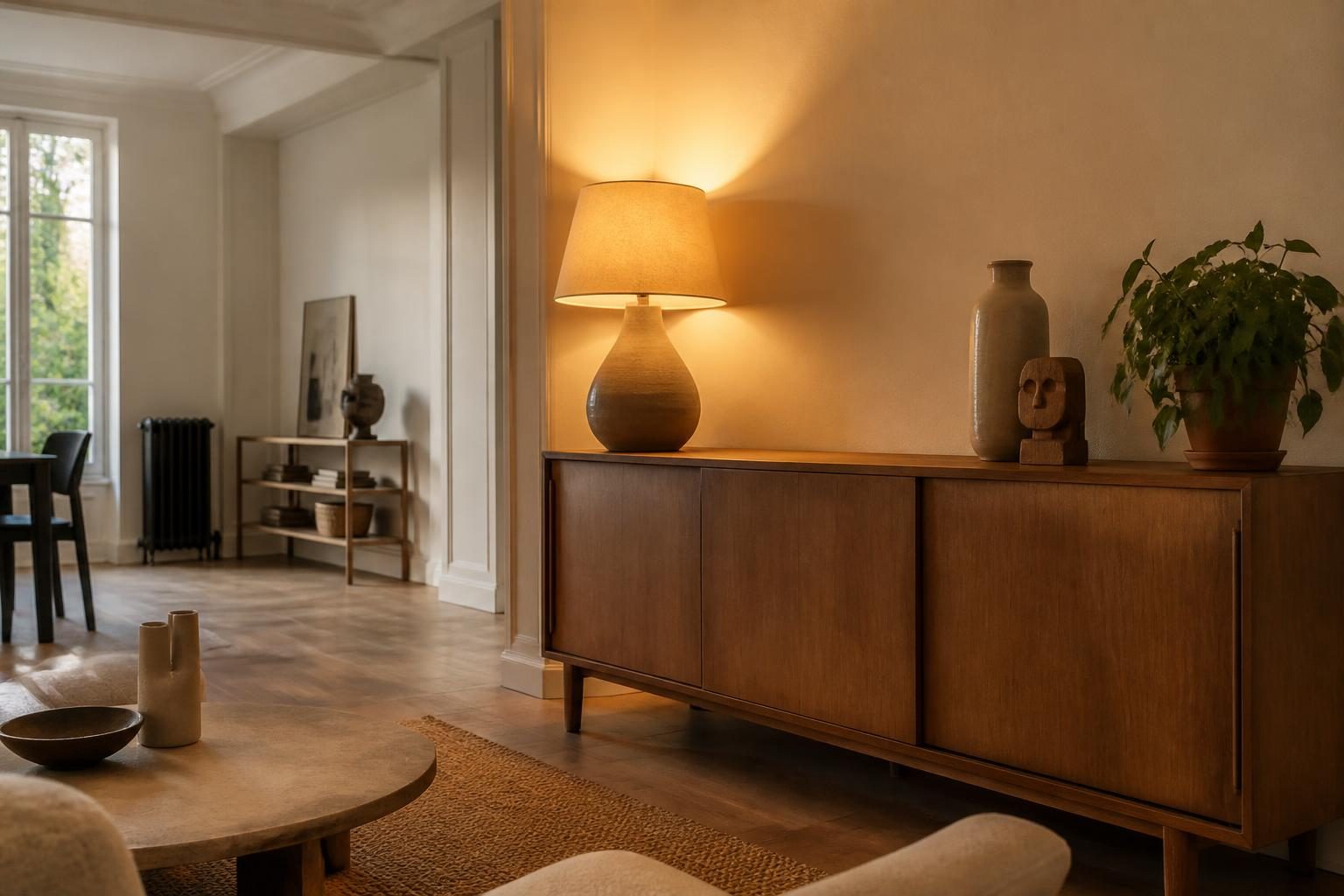 Intérieur chaleureux avec luminaires et matières naturelles après travaux de rénovation