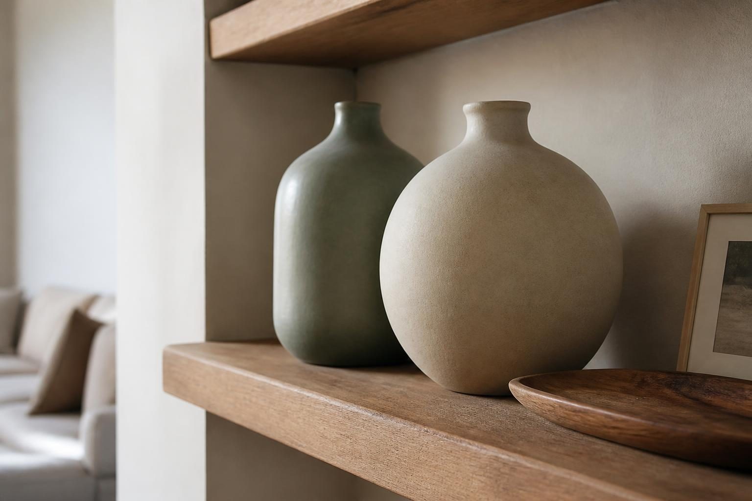 Vases en céramique et plateau en bois posés sur une étagère dans un salon rénové